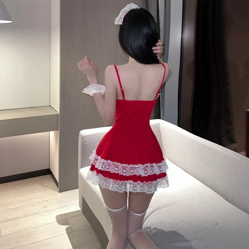 Hollow Out Red Cosplay Dress Maid Lace