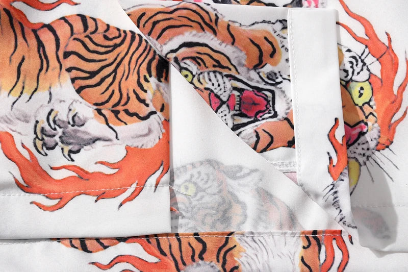 Trippy Tiger On Fire Print Vintage Street Unisex Shirt Button Down Collar Holiday Beach Shirt