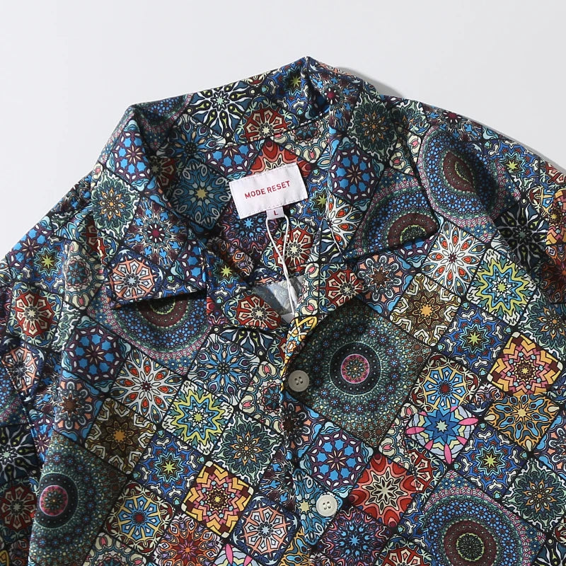 Trippy DMT Pattern Blue & Green Summer Vintage Flower Print Fashion Loose Casual Short Sleeve Beach Shirts Male Korean Net Celebrity Dress Shirts Blouses